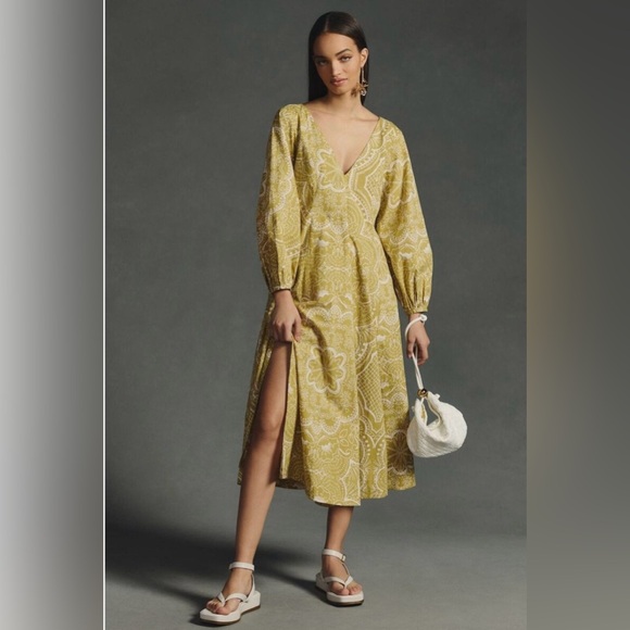 Anthropologie Long-Sleeve V-Neck Dress Multicolor Size M - Picture 1 of 13